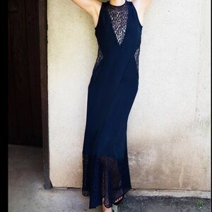 Jenni Kayne- Navy Silk and Lace Sleeveless Cutout Maxi Dress